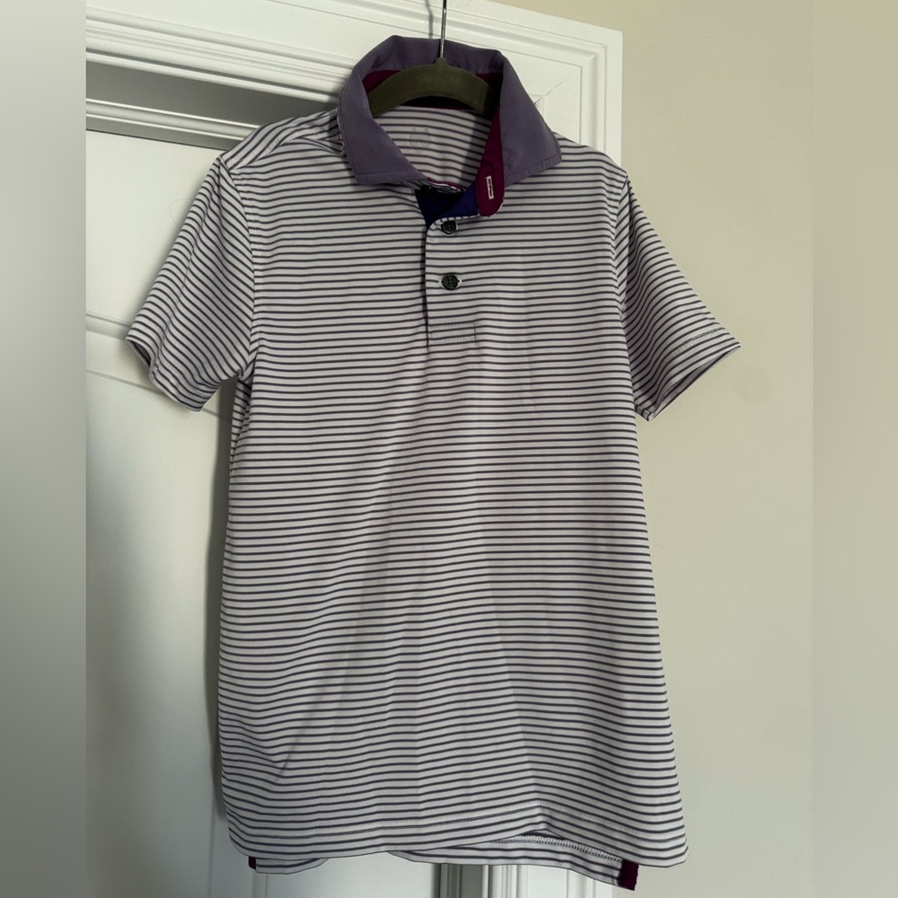 Greyson boys Medium polo purple and white stripe good condition